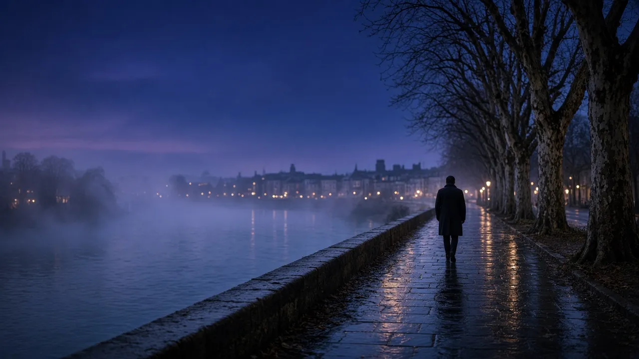 Abendlicher Weg am Wasser, eine Person geht unter Bäumen entlang.