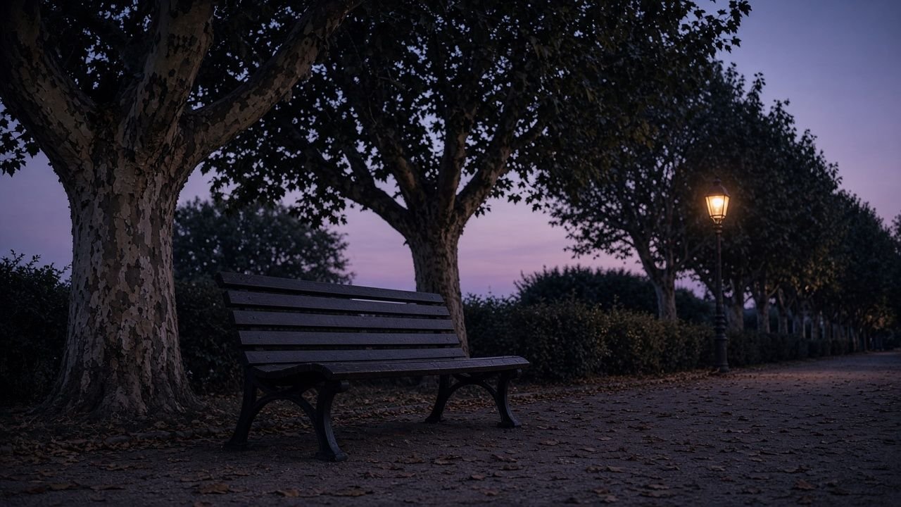 Parkbank im Abendlicht, ruhiger Horizont.